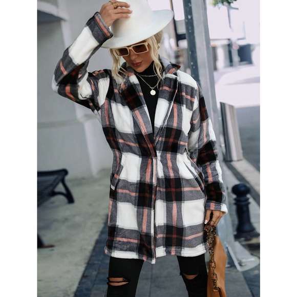 Plaid Lapel Collar Longline Jacket with Pockets - Picture 5 of 5